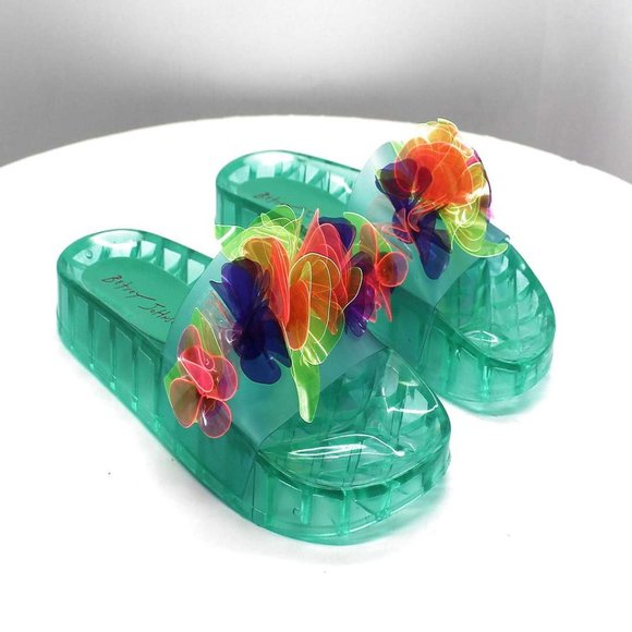 Blue by Betsey Johnson Shoes - Betsey Johnson Womens Luela Iridescent Flatform Pool Slides(size 7)